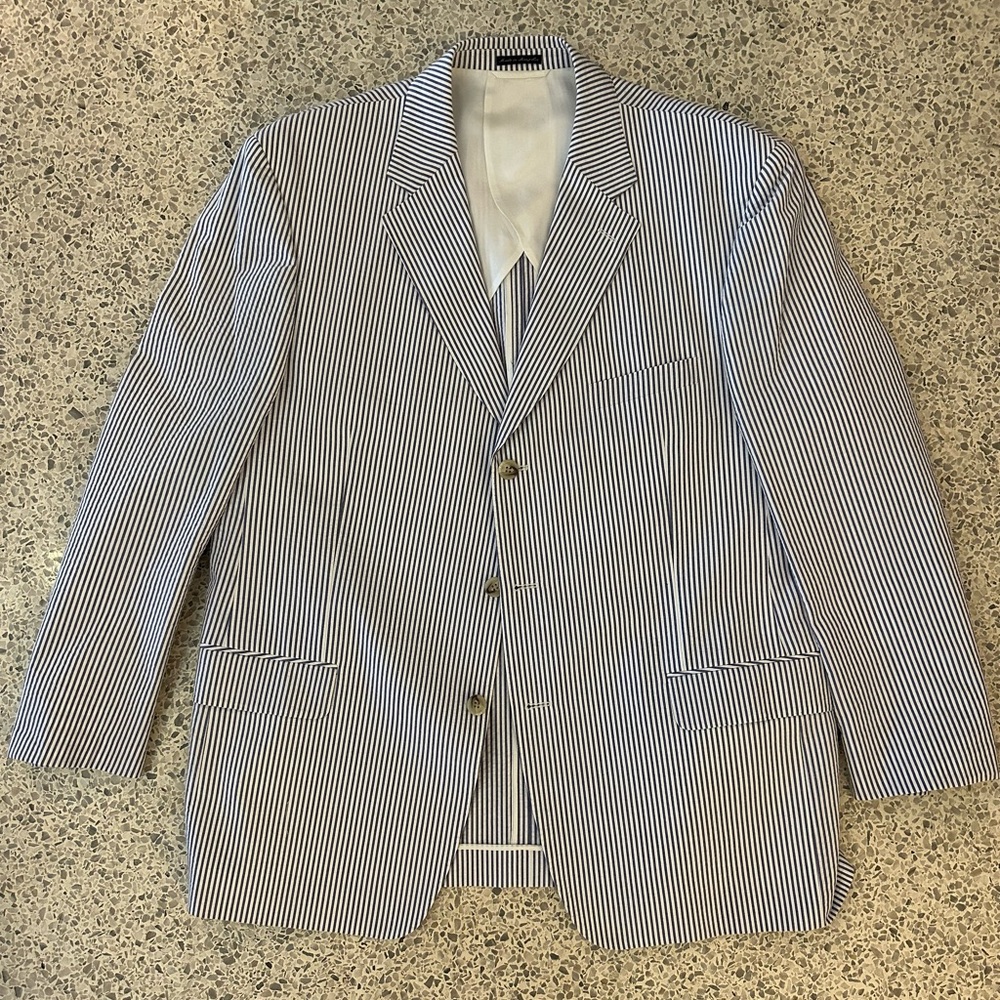 Men’s Navy & White Vertical-Stripe Suit – Jacket + Trousers – Size 40R